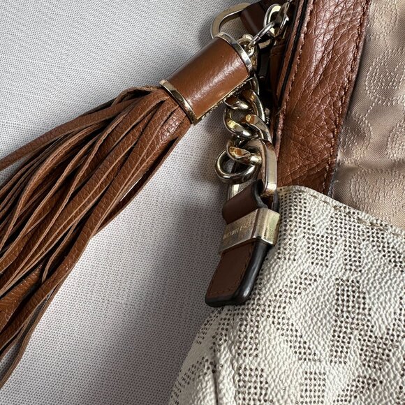 Michael Kors Bradford Crossbody MK Logo Flap Bag Beige/Brown Adjustable Strap - Picture 15 of 16